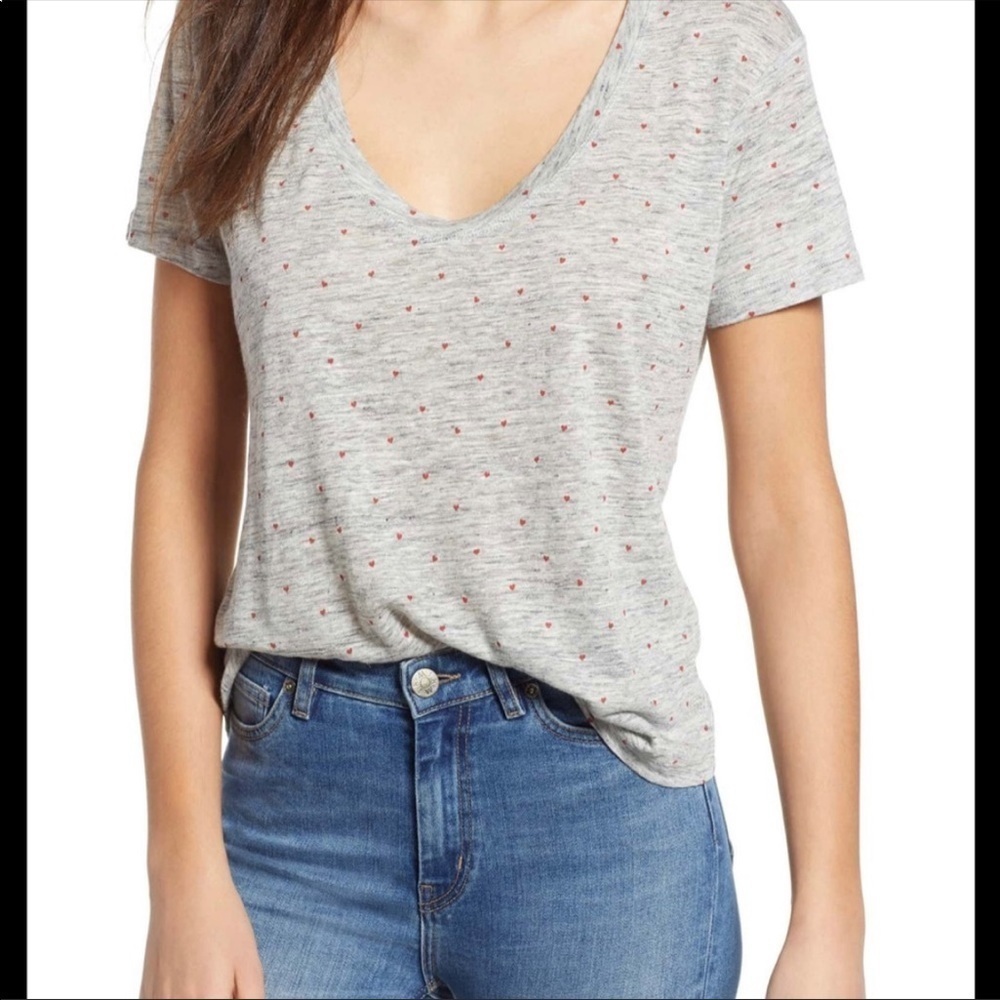 Rails Gray Linen Valentine’s Heart Print Lina V-Neck T-shirt Top size medium